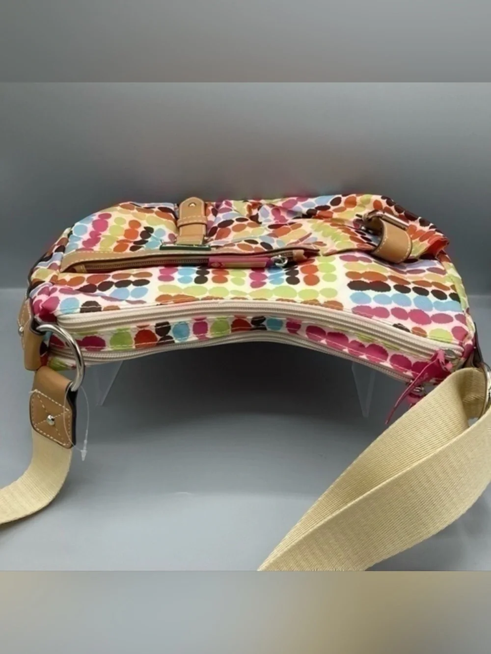 🌸 Lily Bloom Multicolor Dot-Print Shoulder Bag with Tan Trim and Strap Detail